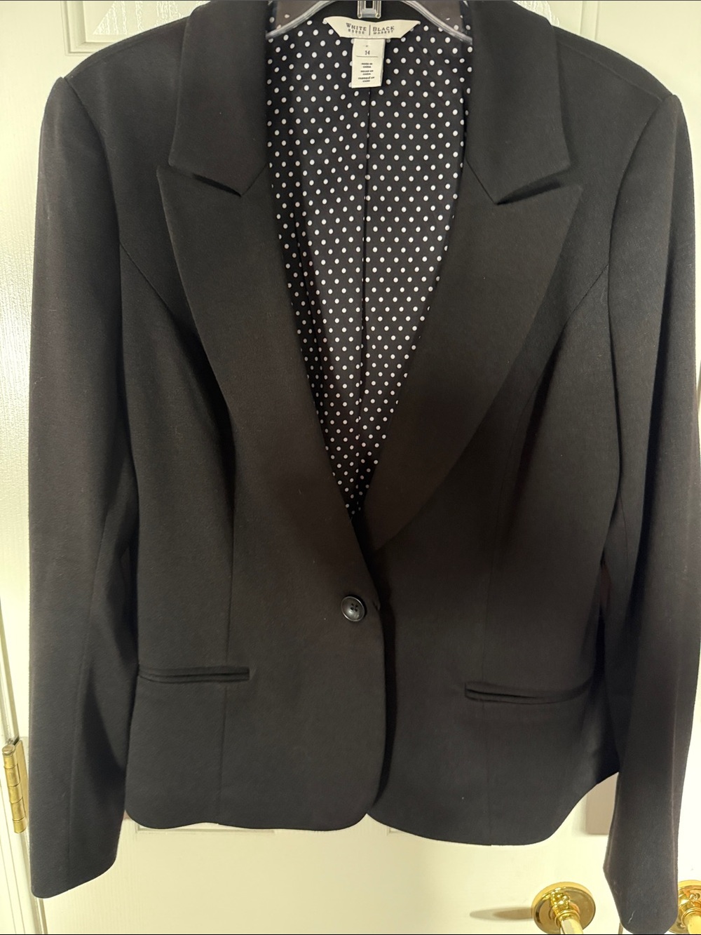 White House Black Market Size 14 Black Single-Button Polka Dot-Lined Blazer